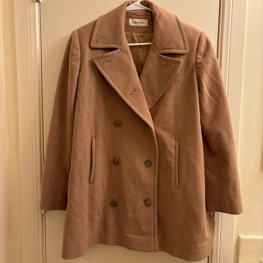 Calvin Klein Saks Fifth Avenue Vintage Double Breasted Wool Pea Coat Tan Sz 2